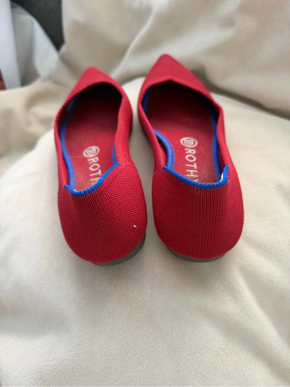Rothy's Red Pointed Slip-On Ballet Flats with Blue Trim